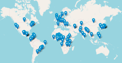 Mapa del mundo donde se destacan con un marcador los lugares donde se celebran eventos del Open Data Day 2025